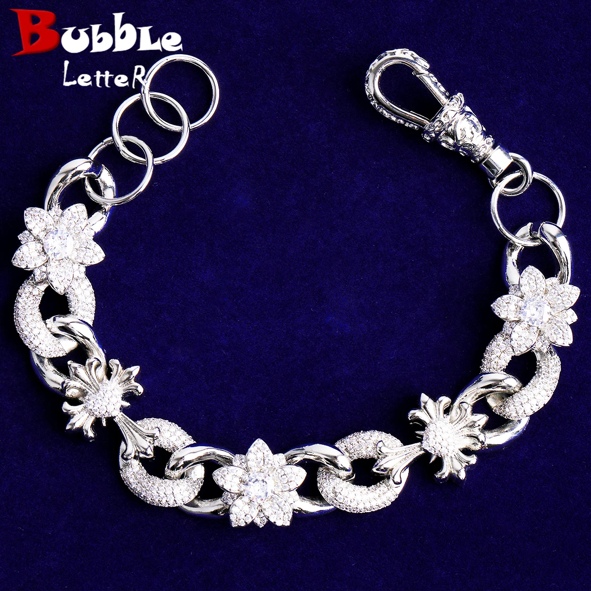 

Браслет с пузырьковой буквой Iced Out Cross Flower Link для мужчин, настоящая медь, позолоченные ювелирные изделия в стиле хип-хоп