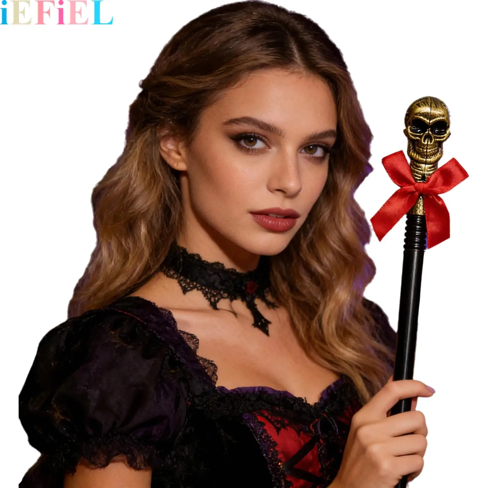 

Plastic Magic Scepter Cane Skeleton Scepter Prop Vintage Walking Cane Skull-head Decoration And Red Bow Prop Stick for Halloween