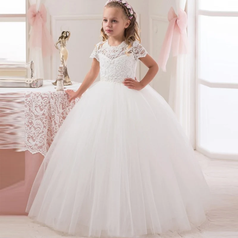 White Flower Girl Dresses Tulle Appliques For Wedding Lace Appliques Beaded Pageant Gown Holy Communion Dresses