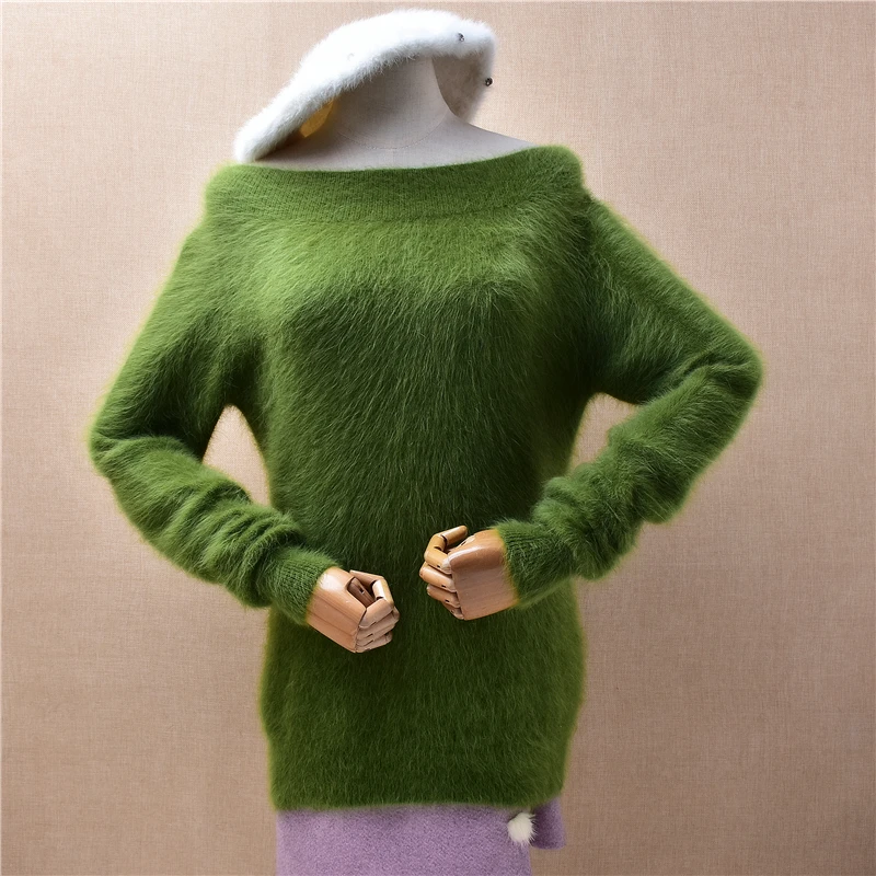 

Ladies Women Autumn Winter Clothing Green Hairy Mink Cashmere Knitted Slash Neck Long Sleeves Slim Blouses Pullover Sweater Pull