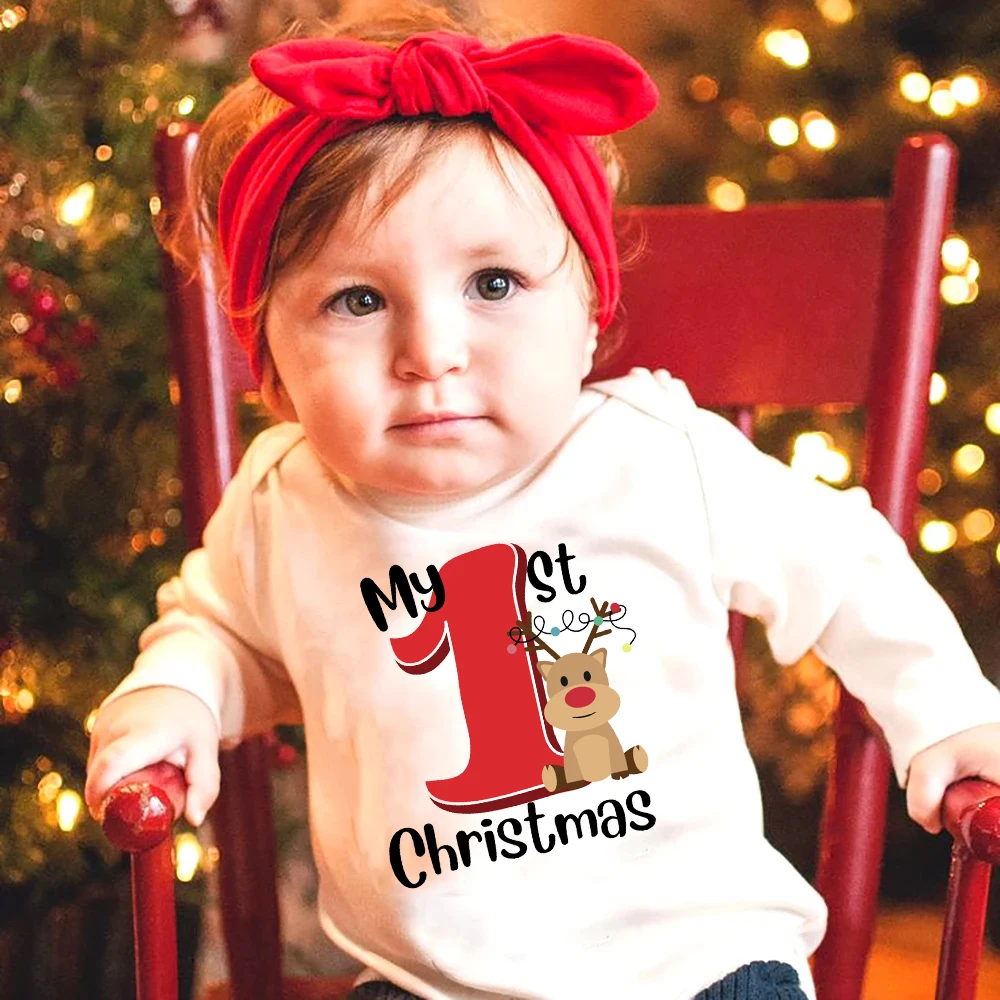 

My First Christmas Printed Baby Bodysuit White Polyester Baby Clothes Xmas Party Kids Romper Long Sleeve Newborn Jumpsuit Outfit