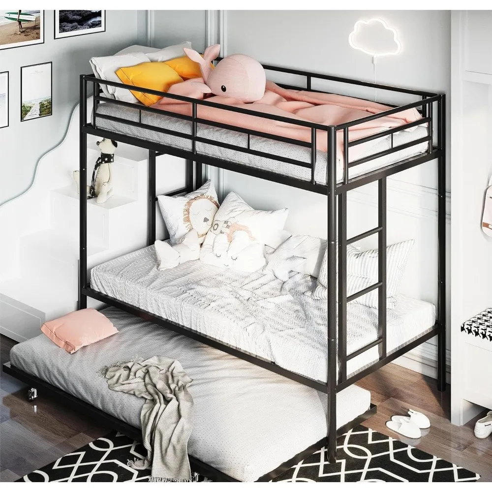 Metal Bunk Bed Twin Over Twin, with2Secured Ladders,Trundle Bed Twin with Space-Saving Bed Frame with Safety Guard