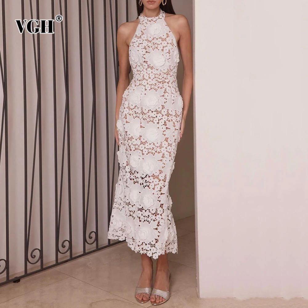 

VGH Elegant Slim Hollow Out Spliced Appliques Dresses Round Neck Sleeveless High Waist Temperament Dress Female Fashion Style