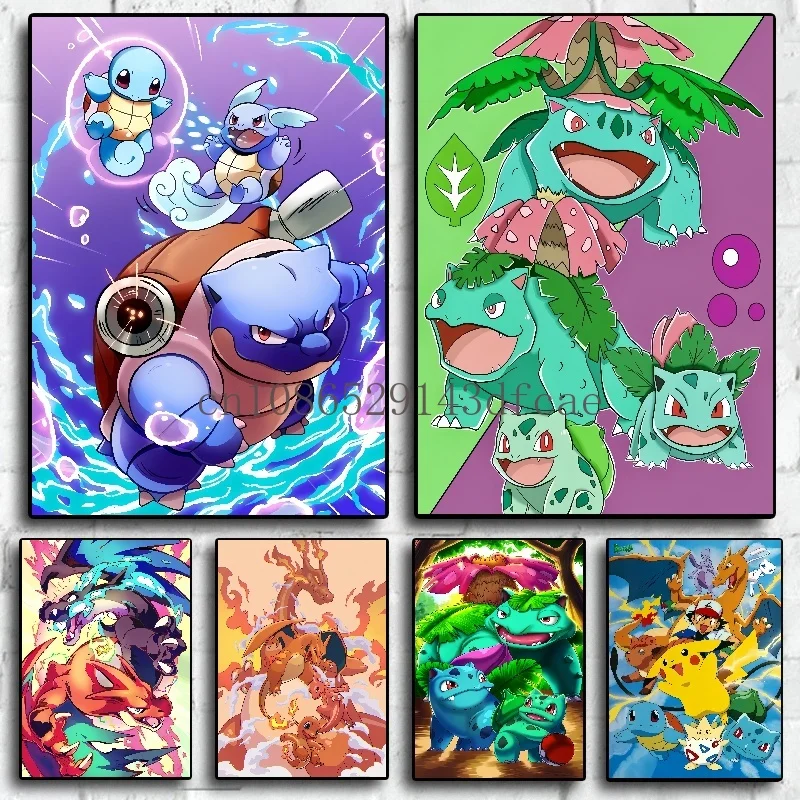 

Pokemon Peripherals Pikachu Bulbasaur Squirtle Charmander Canvas Painting Anime Wall Art Prints Living Room Decor Posters