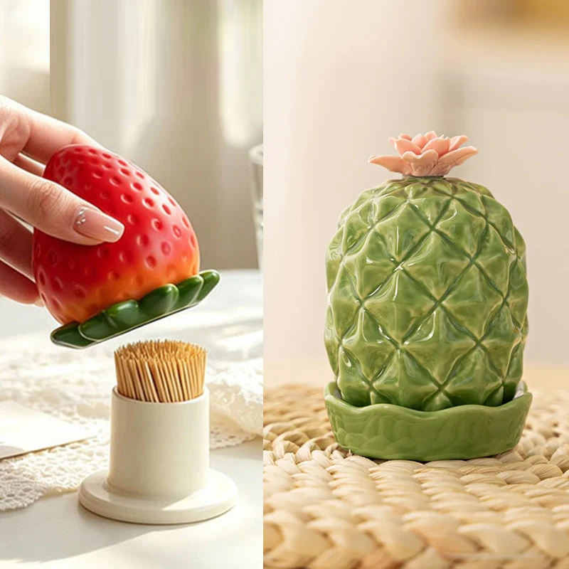 Creative Cactus, Strawberry, Watermelon Toast Shaped Toothpick Bucket, Home Living Room Dining Table Decor Dental Floss Box, 1Pc view 2