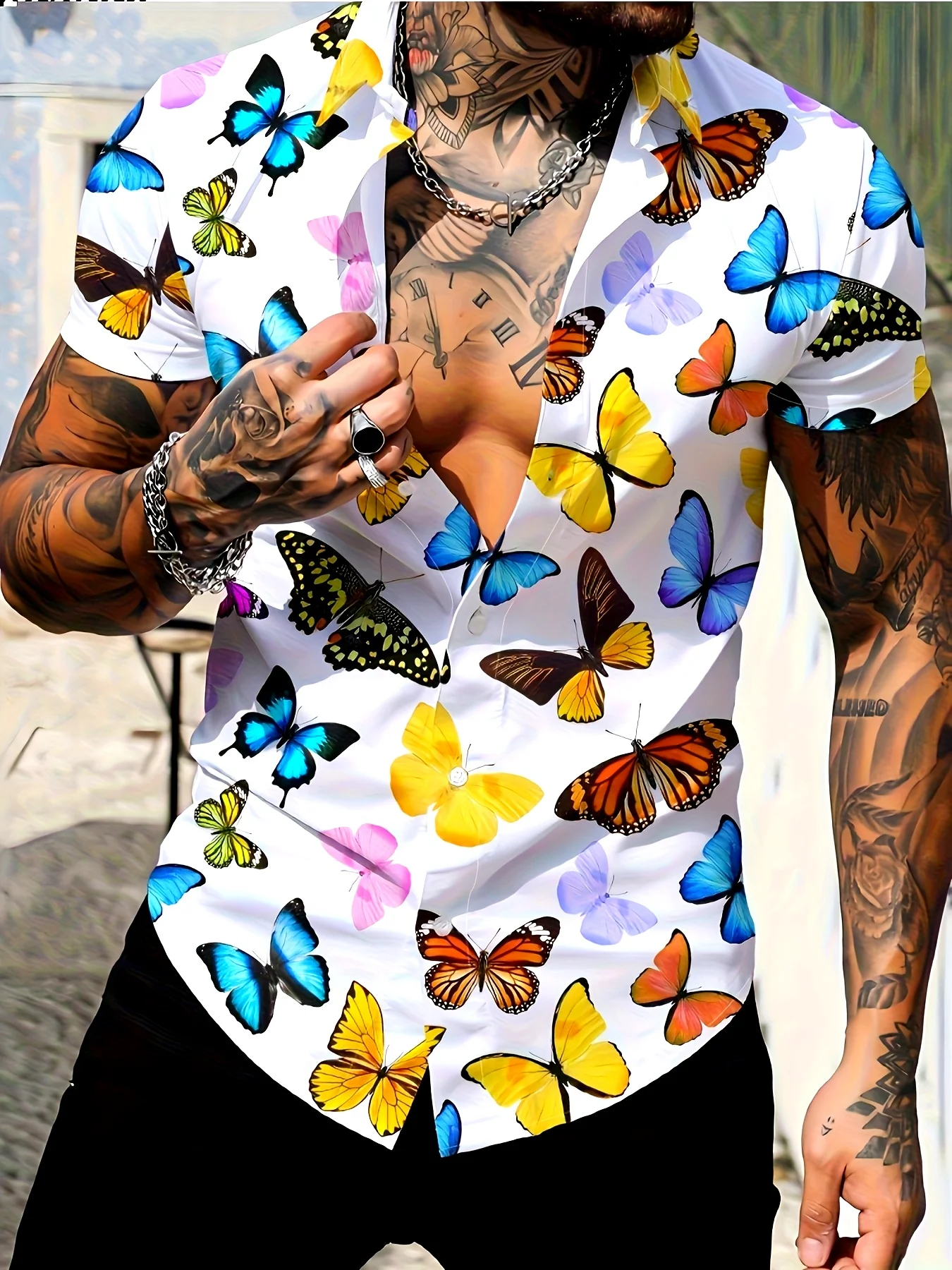 

2026 Summer New Style Men's Short-Sleeved Shirt with 3D Butterfly Print for Street Casual Fashion Comfortable and Stylish