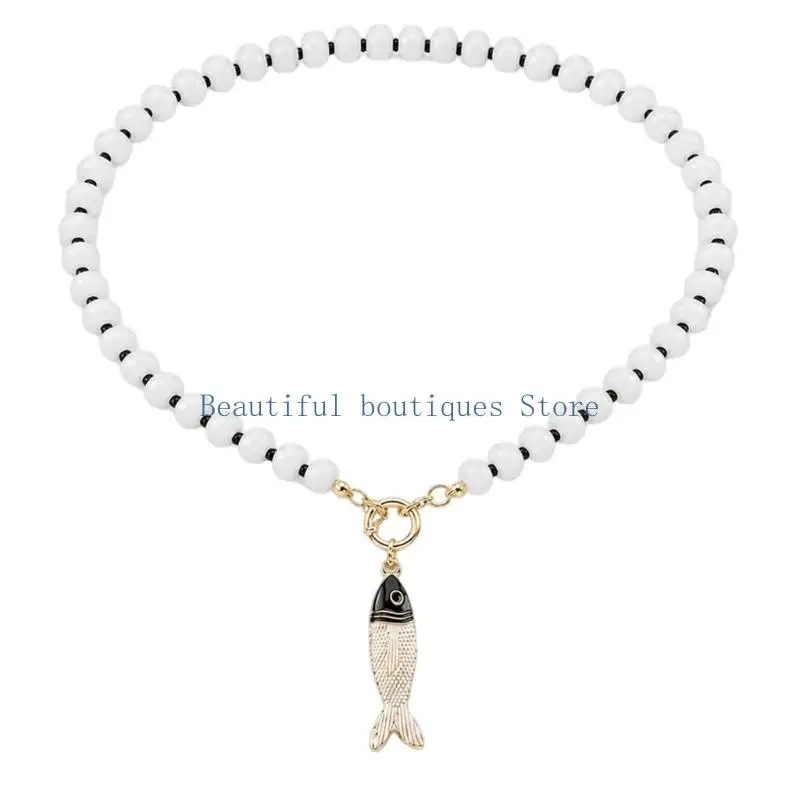 U4LF Natural Stone Necklace with Centered Fish Pendant and Front Toggle-Ring Closure for Vacation and Everyday Styling