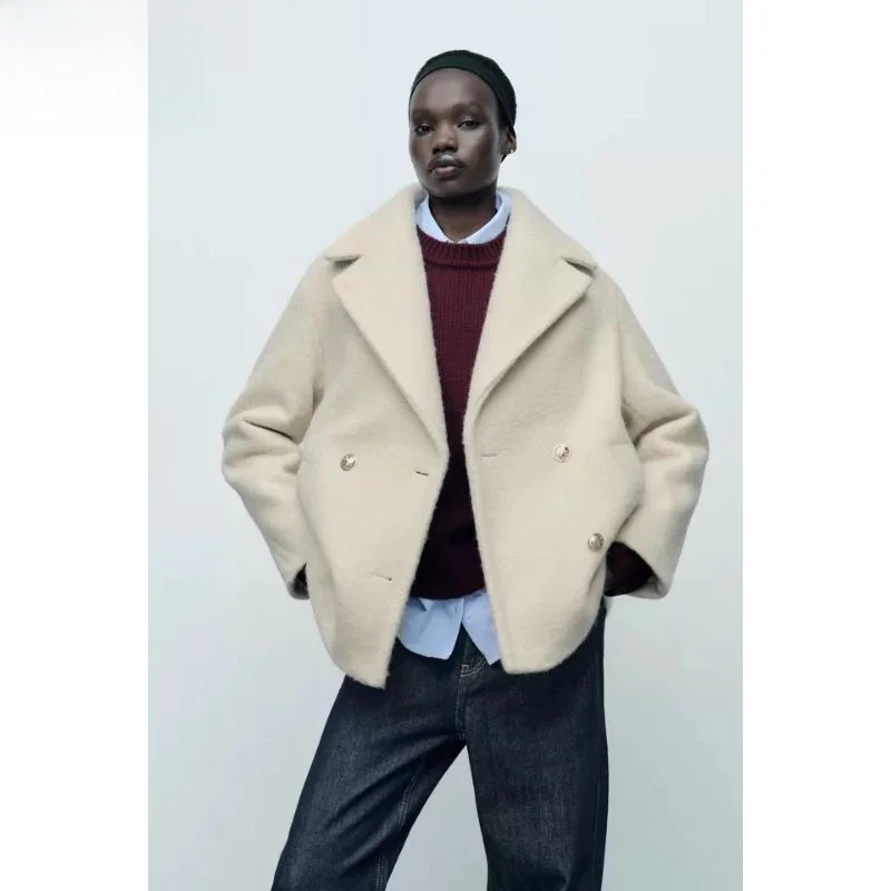 

Women's Woolen Coat Double-breasted Long Sve Turn-down Collar Mid-length Outerwear Faionable Commute Straight-cut Sle