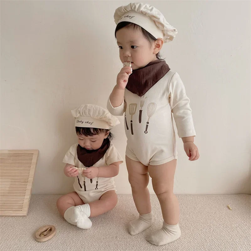 

Spring Newborn Baby Girls Boys Chef Style Cotton Romper Baby Long Sleeve Romper + Hat Infant Baby One Piece Bodysuit