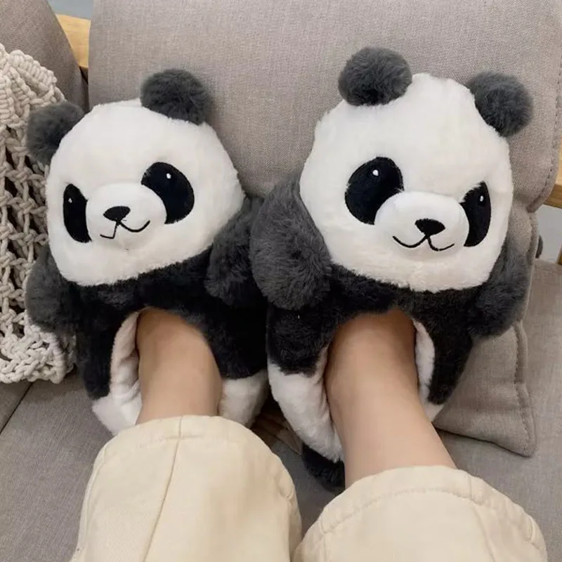 

2024 Cute Panda Fluffy Slippers Women Furry Fur Slippers Heel Cover House Shoes Flats Winter Kawaii Animal Indoor Home Slides