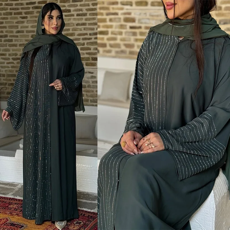 Elegant Rhinestone Embellished Abaya Loose Long Sleeve Modest Abaya Front Snap Closure Open Abaya Fashionable Draped Robe