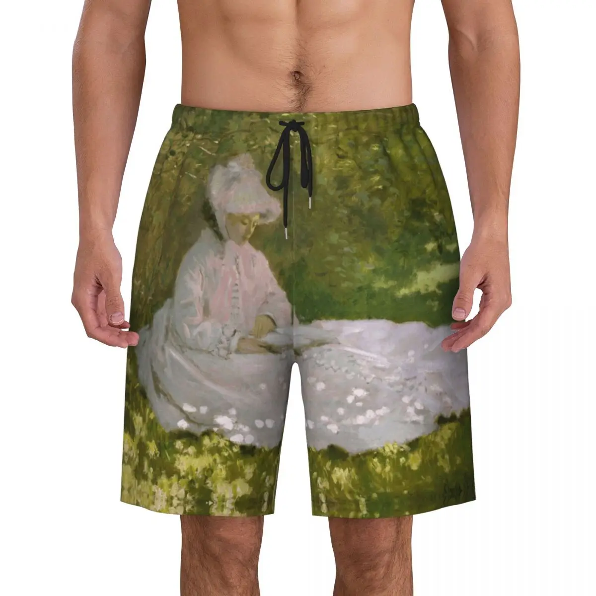 Springtime Print Mens Swim Trunks Quick Dry Beachwear Beach Board Shorts Claude Monet Impressionist Art Boardshorts