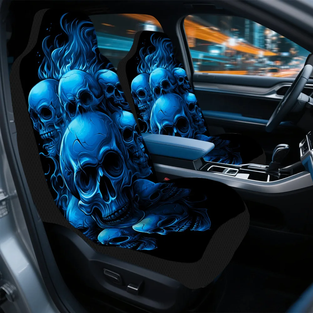 Set Of 2, Halloween-Themed Fiery Skulls Universal Car Covers Suitable For Most Vehicles – High-Quality, Fashionable, And Long-La