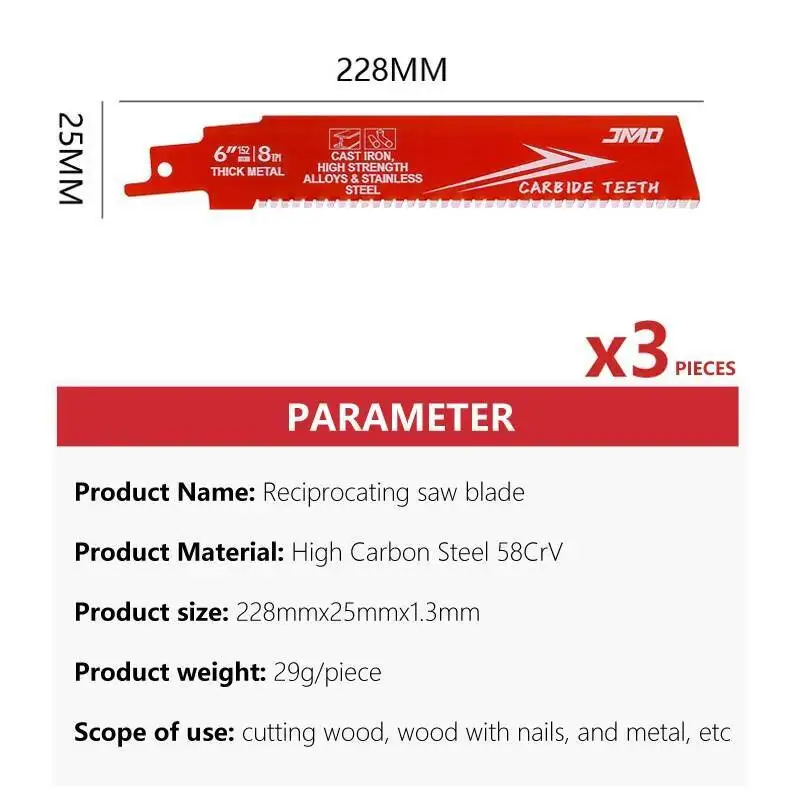 Lame per sega alternativa con punta in metallo duro da 3 pezzi da 6 pollici per legno con chiodi Seghetto da demolizione per taglio in lega metallica per seghe a batteria