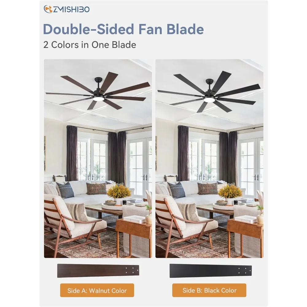 72 Inch Large Ceiling Fans with Lights and Remote, Indoor/Outdoor Black Modern Ceiling Fan for Kitchen Living Room Patio