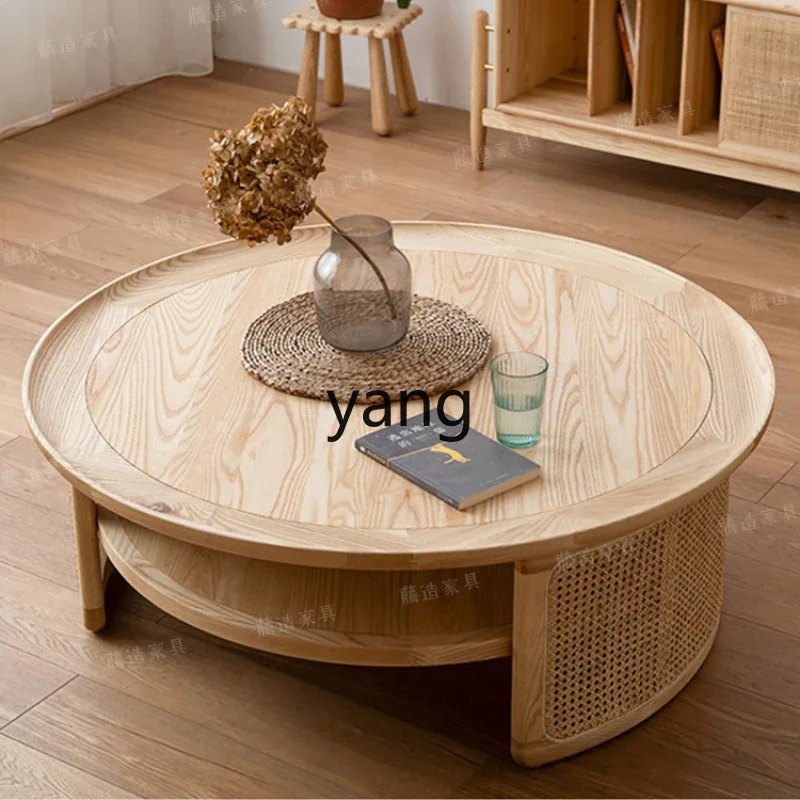 

LH wabi-sabi wind solid wood round coffee table rattan tea table living room home round bed and breakfast log