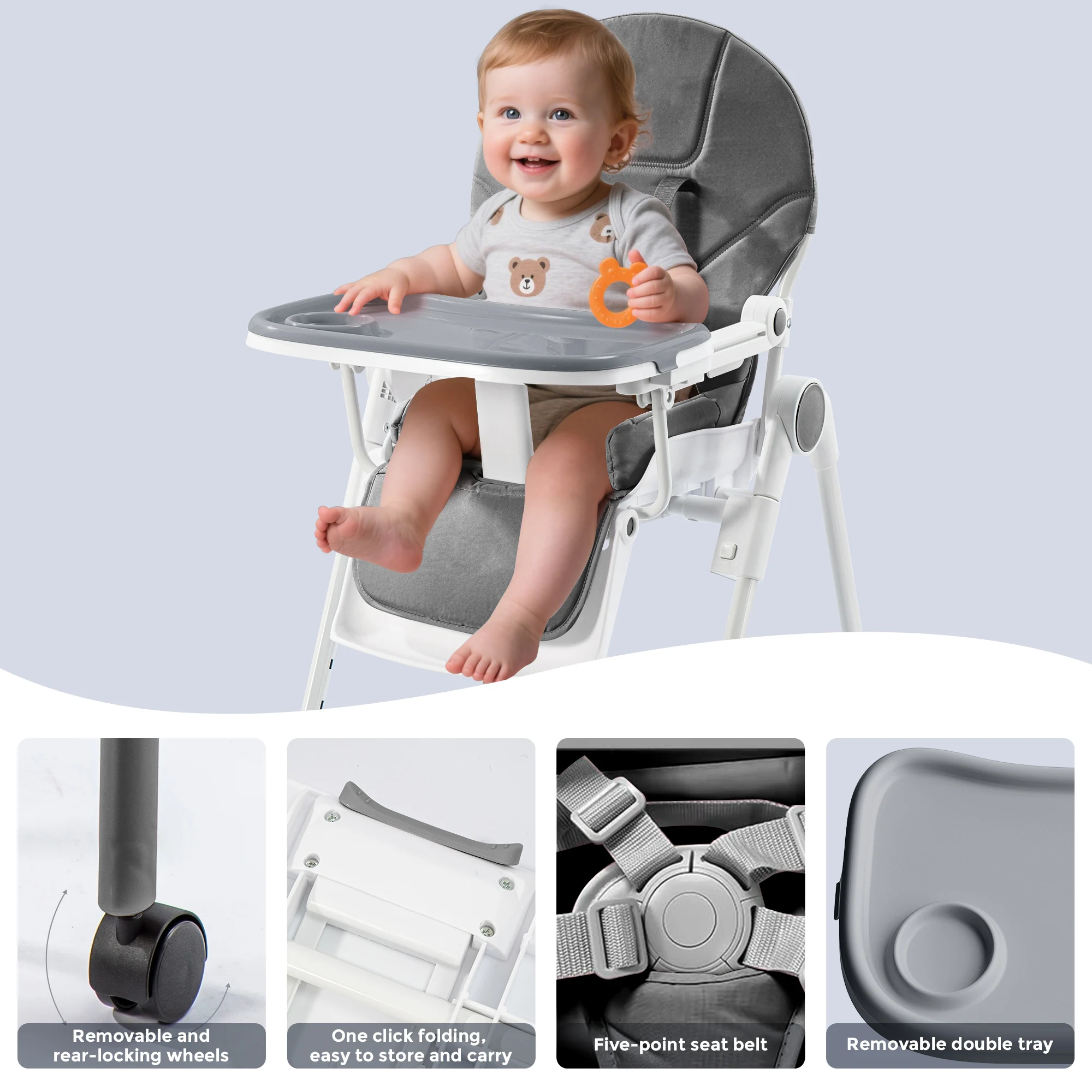Chaise haute pour bébé Sejoy avec harnais 5 points, plateau 3 positions et roulettes, certifiée CE/CPC, chaise de repas pour enfants réglable
