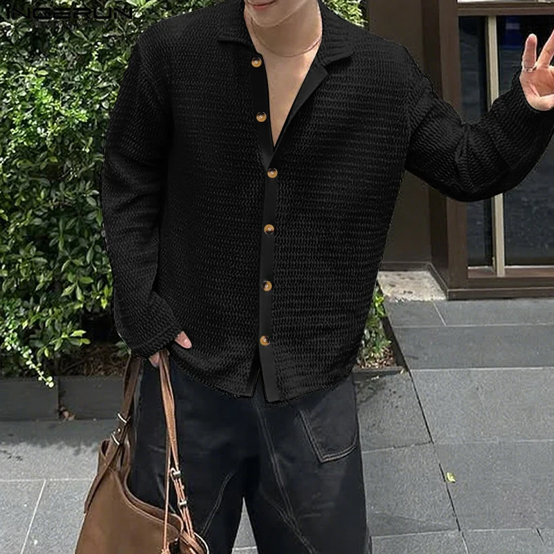 

INCERUN Мужская рубашка с вырезами, прозрачная однотонная мужская одежда с лацканами и длинными рукавами, уличная одежда, свободные модные повседневные топы 2025 года