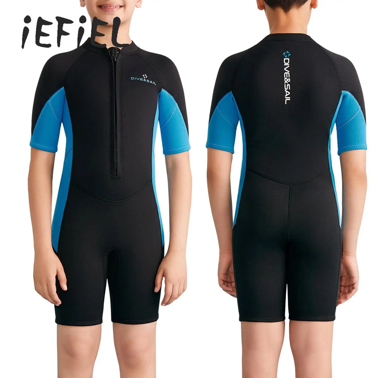

Kids Thermal Shorty Wetsuit Boys 2.5mm Neoprene Short Sleeve Zip One Piece Swimsuits for Snorkeling Diving Surfing Water Sports