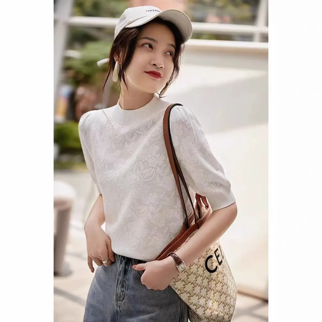 

Spring Summer Fashion Short-Sleeved Jacquard Sweater Casual round Neck T-Shirt Elegant Breathable Women's Top Bottoming Shirt