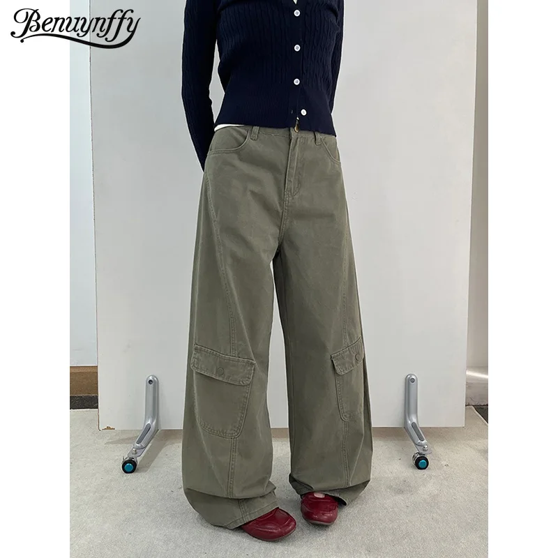 

Benuynffy American High Street Cargo Denim Pants Women 2026 Spring New Vintage Y2k Casual Mid Waisted Baggy Wide Leg Trousers