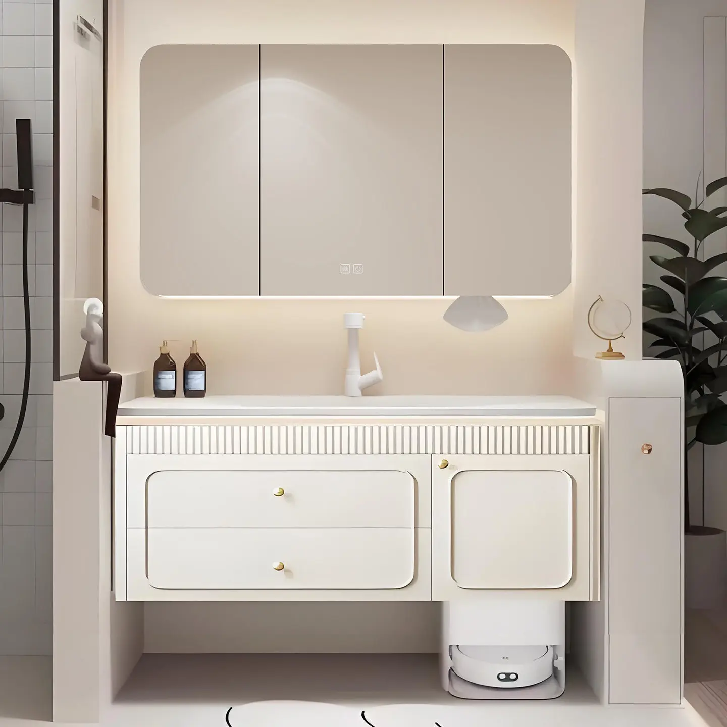 

French bathroom cabinet, sweeper, bathroom cabinet, integrated basin, creamy oak painted vanity