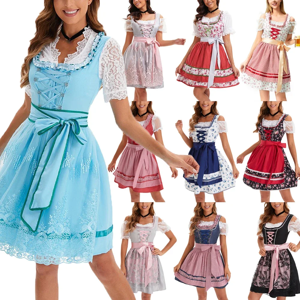 

Sexy Oktoberfest Beer German Bavarian Dress Costume Plaid Apron Maid Cosplay Dress Costume Women Medieval Roleply Party Costumes