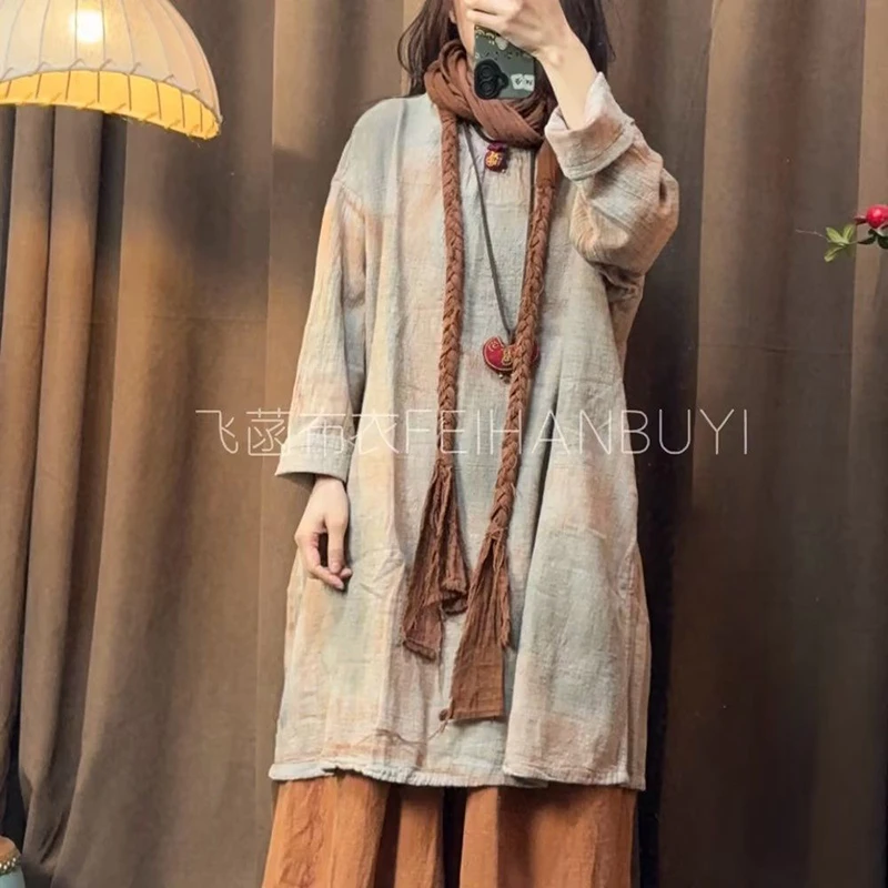 

Новое женское повседневное платье из 100% льна, весна 2026, винтажный стиль, с круглым вырезом, однотонное, свободное, удобное, длинное, M2259