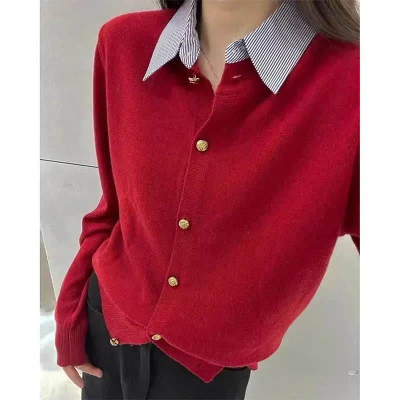 New Elegant Office Lady Autumn Cardigan Sweater Women Polo Collar Patchwork Long Sleeve Cashmere Jumper Solid Color Knitwear