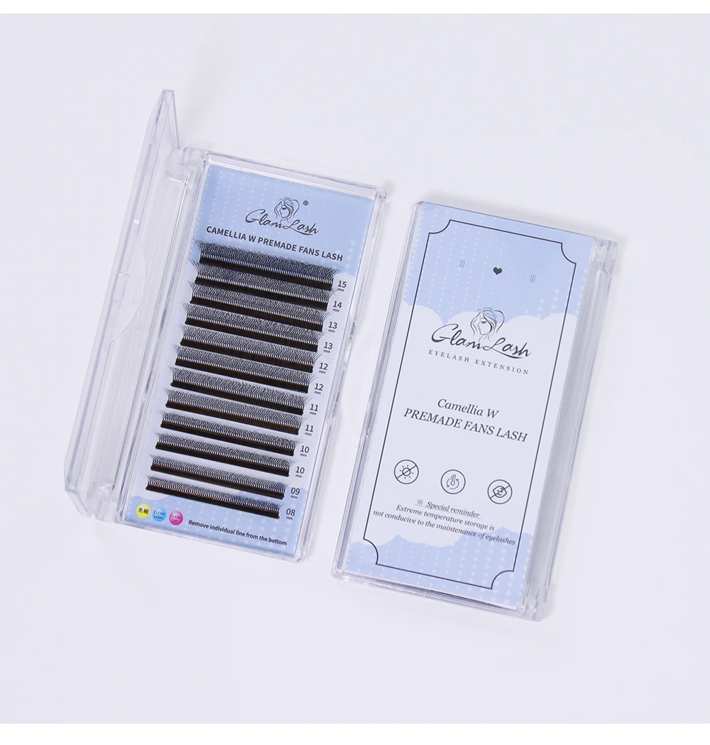 GLAMLASH C/D/L/LU/M Camellia 4D 5D W Wimpernverlängerung Großhandel vorgefertigtes Volumen 12 Reihen W-Stil Einzelwimpern natürlich weich – Detail 9