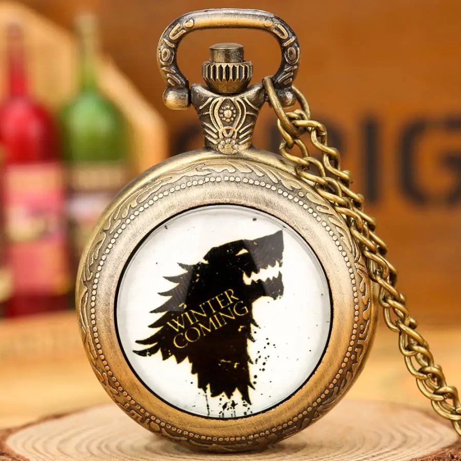 Montre de poche à Quartz de taille moyenne pour hommes et femmes, en Bronze Antique, avec dôme de loup, Cosplay, Anime, chaîne, pendentif, cadeaux