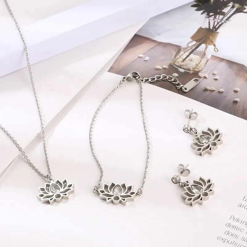 3pcs Elegant Lotus Flower Rhinestone Earrings Bracelet Necklace For Women Stainless Steel Gold Silver Color Jewelry Sets Luxury