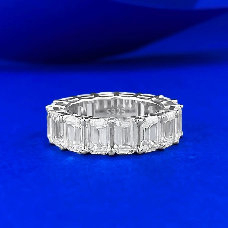 

S925 Silver 4*6mm Rectangular Green Gemstone Row Ring