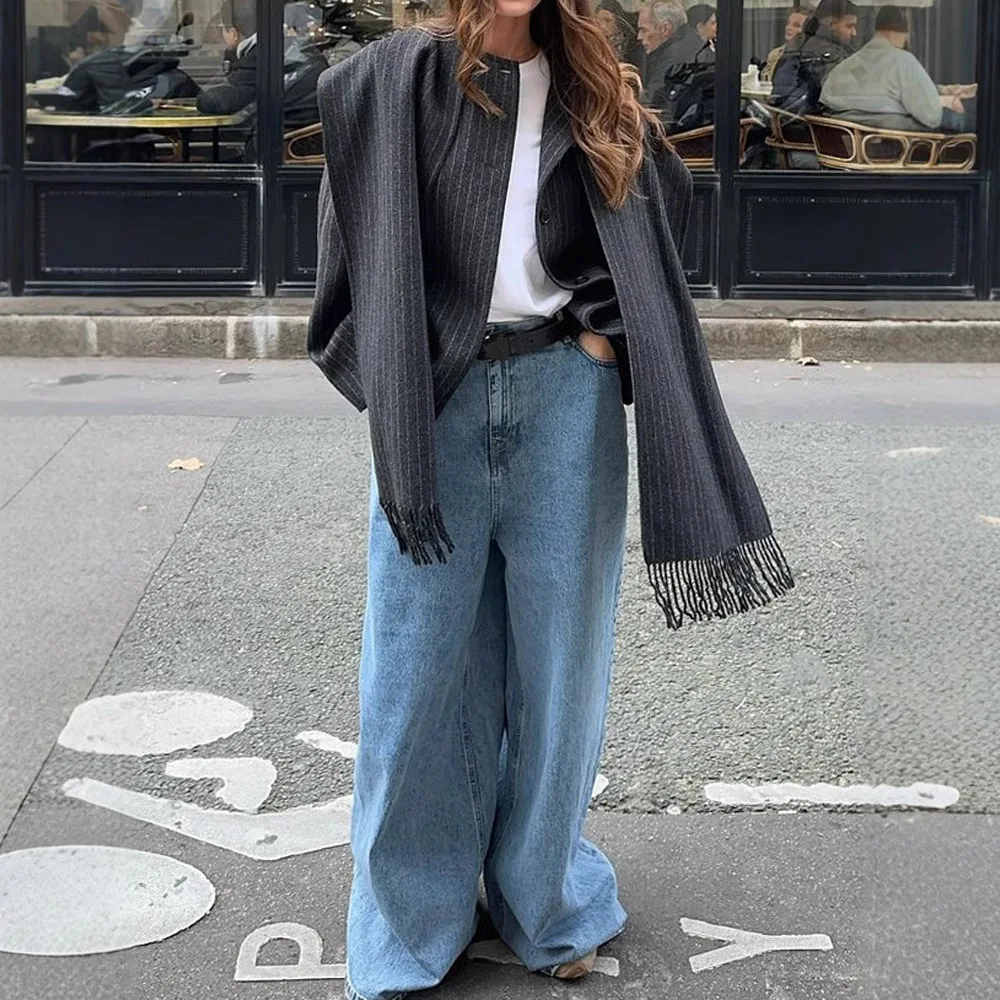 Long Sleeve Vertical Stripe Blazer Integrated Tassel Scarf Collar Single Button Loose Oversized Women Casual Suit Jacket 260701