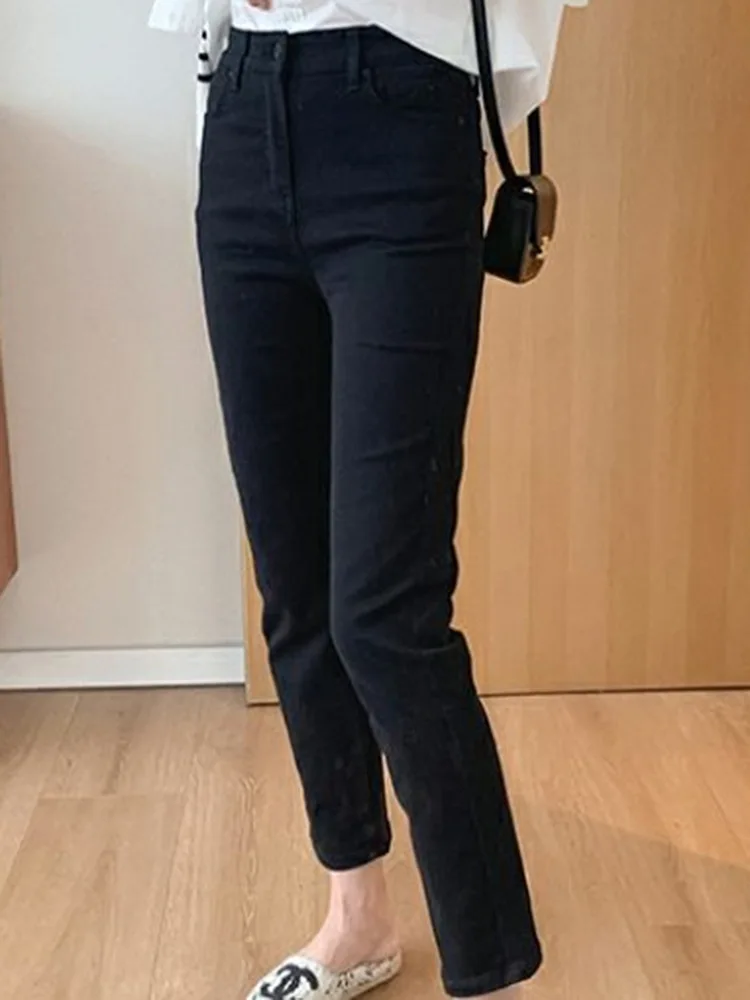 Primavera estate nuovi pantaloni in Denim dritto a vita alta Casual Office Lady Jeans stretti Edition ragazze pantaloni a gamba dritta neri puri