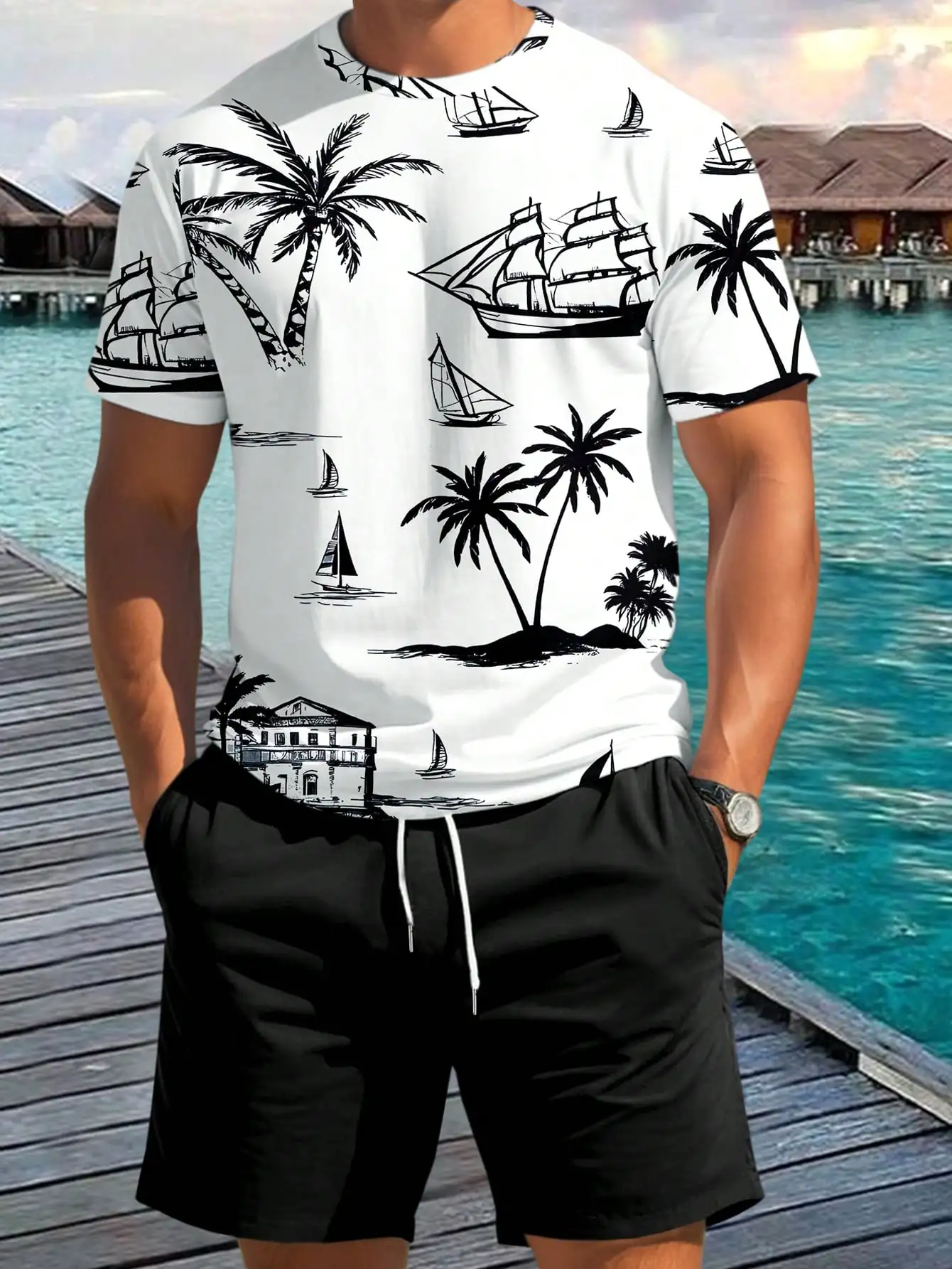 Conjunto de camiseta informal de manga corta con cuello redondo y pantalones cortos con cinturón, estampado de palmera de vacaciones para hombre, moda sencilla