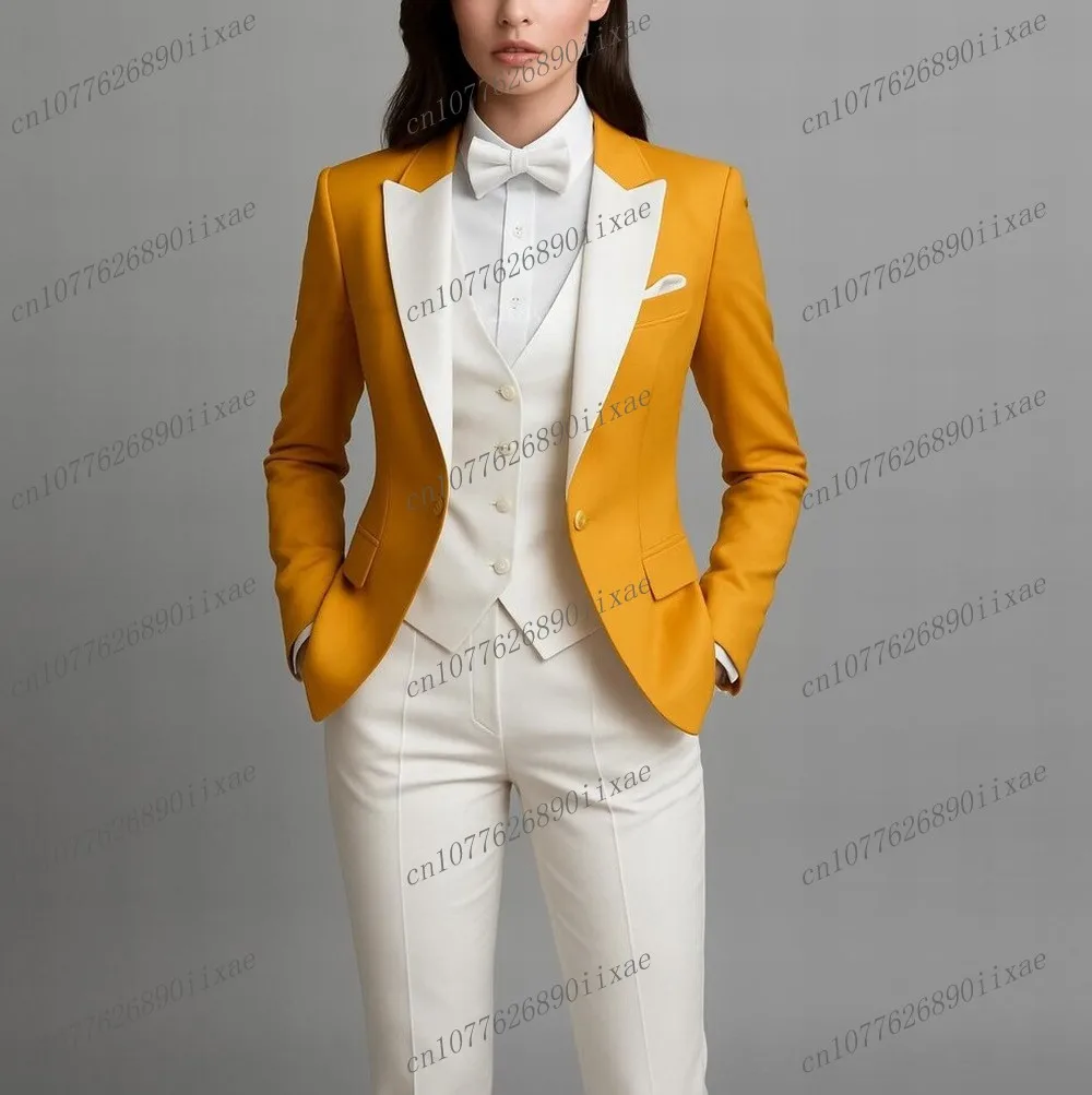 

Новые желто-белые женские костюмы, женские деловые офисные смокинги для мамы, свадебной вечеринки, формальный женский комплект из трех предметов, куртка, жилет, брюки