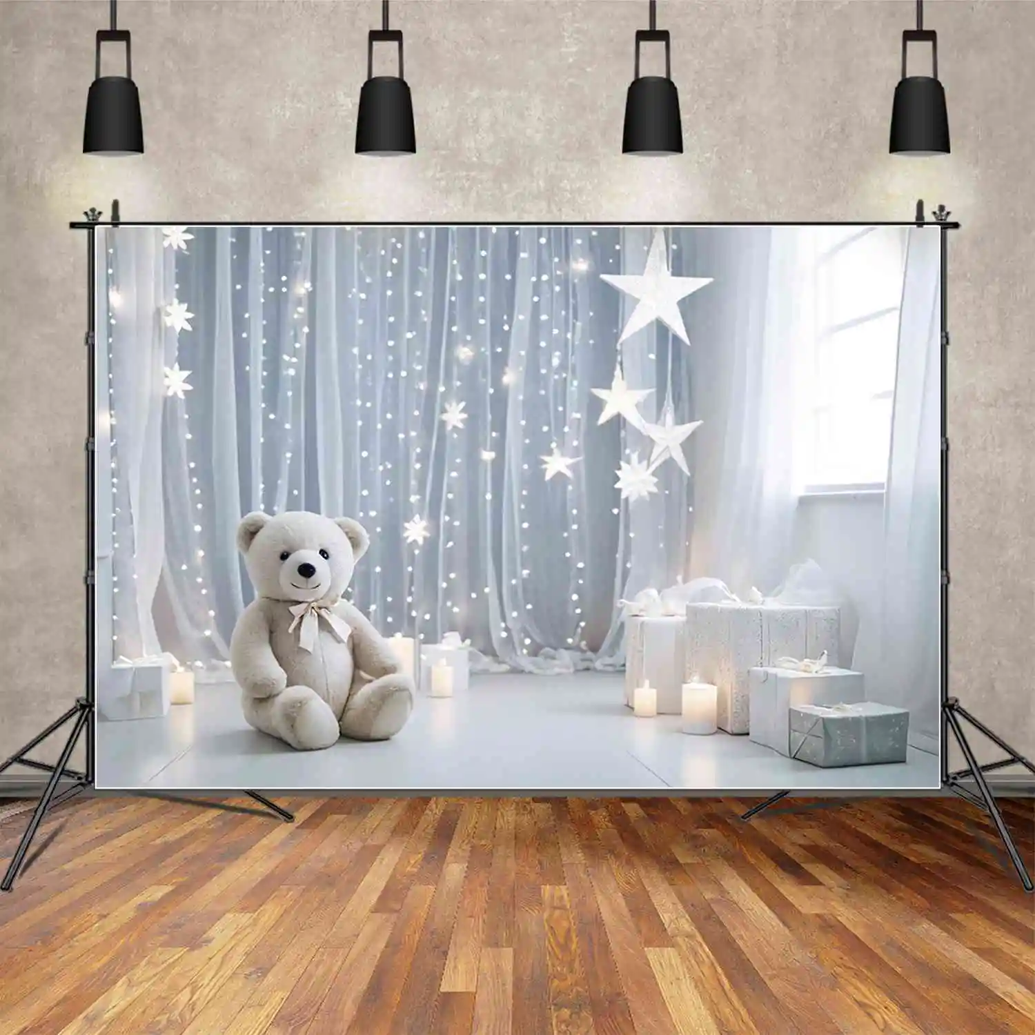 MOON.QG Blue White Drapes Birthday 1 Year Background Boy Teddy Bear Draping Cloth Balloon Backdrops Custom Party Photocall Props