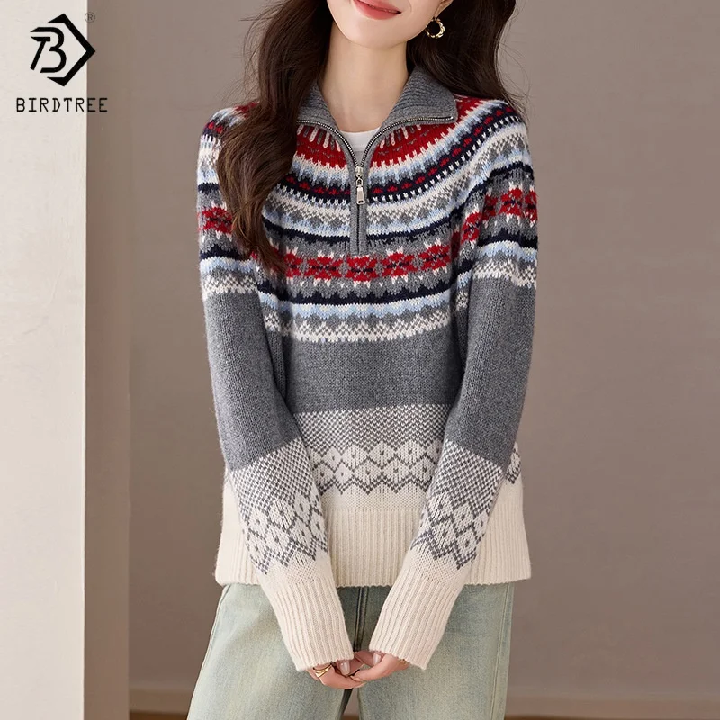 Birdtree ، سترة محبوكة من صوف الأغنام 100% ، سترة نسائية من قماش الجاكار بياقة واقفة وسحاب تريكو ، بلوفر كاجوال لخريف وشتاء 2025 T5N517JF
