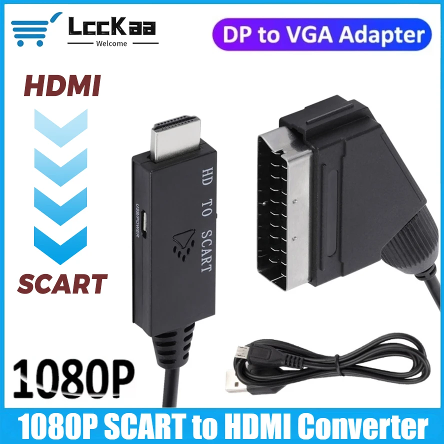 

LccKaa 1080P SCART To Video Audio Converter Adapter 1m Scart To HDMI-Compatible Cable Male To Male Conversion for HDTV DVD STB