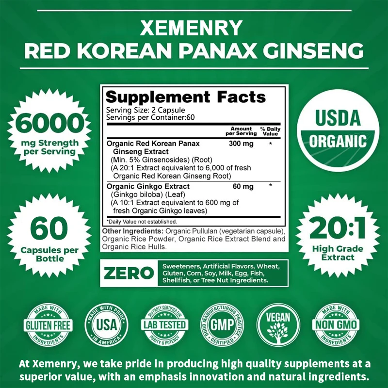 Maximum Potency Red Korean Ginseng 20:1 Concentrated Extract 6000 Mg, 5% Ginsenosides, Concentrated Root Extract 120 Capsules