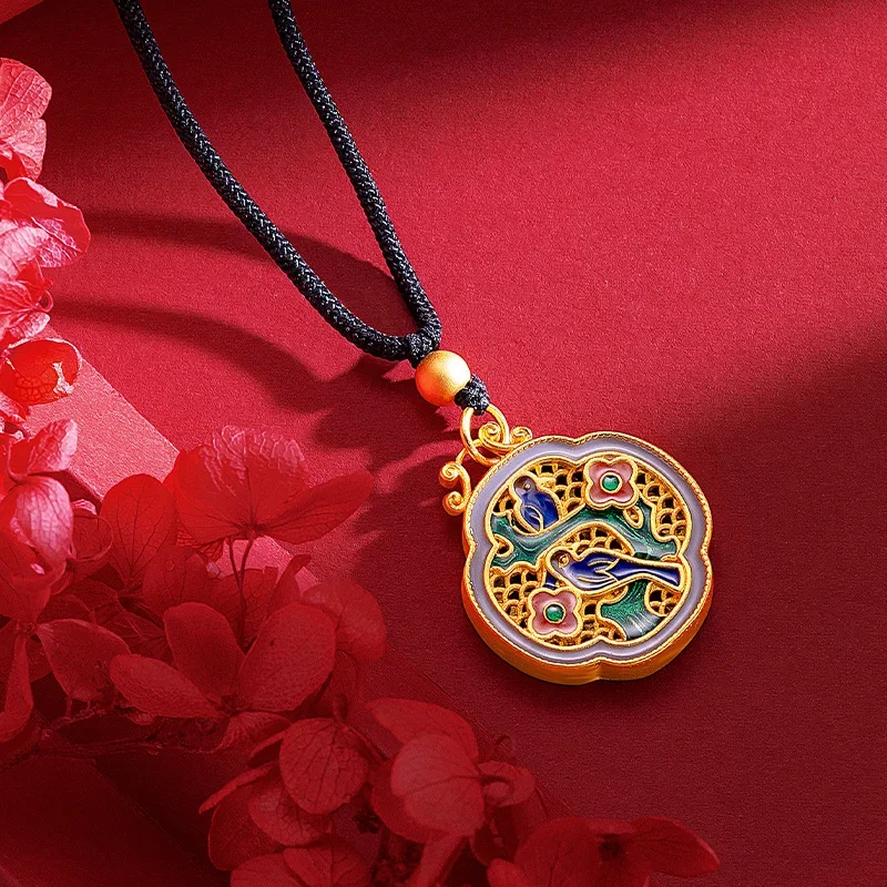 

9999 real gold 24K yellow gold Vintage Chinese Style Enamel Magpie Filament Pendant Ethnic Style Classical