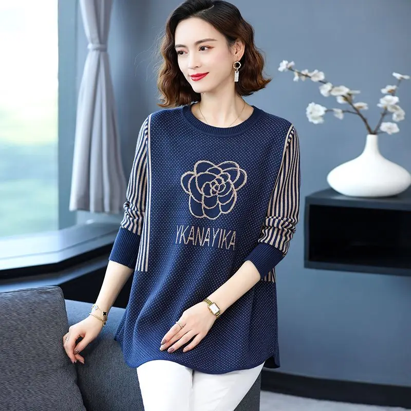 เสื้อสเวตเตอร์แบบสวมหัวโอเวอร์ไซส์สำหรับผู้หญิงเสื้อถักคอกลมพิมพ์ลายผ้าบางทรงหลวม2023ฤดูใบไม้ร่วงแฟชั่นใหม่