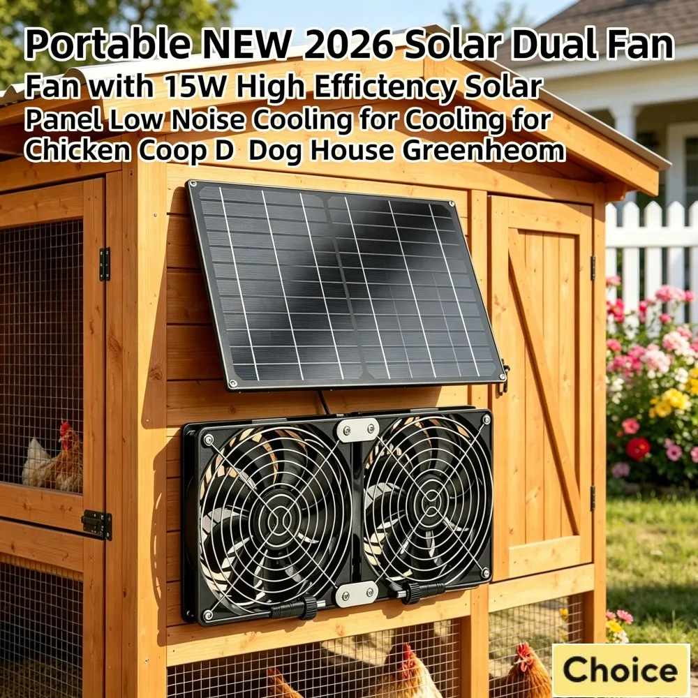 

2026 Upgraded Solar Dual Fan with 15-20W High Efficiency Solar Panel Low Noise Vent for Chicken Coop Dog House Greenhouse Shed