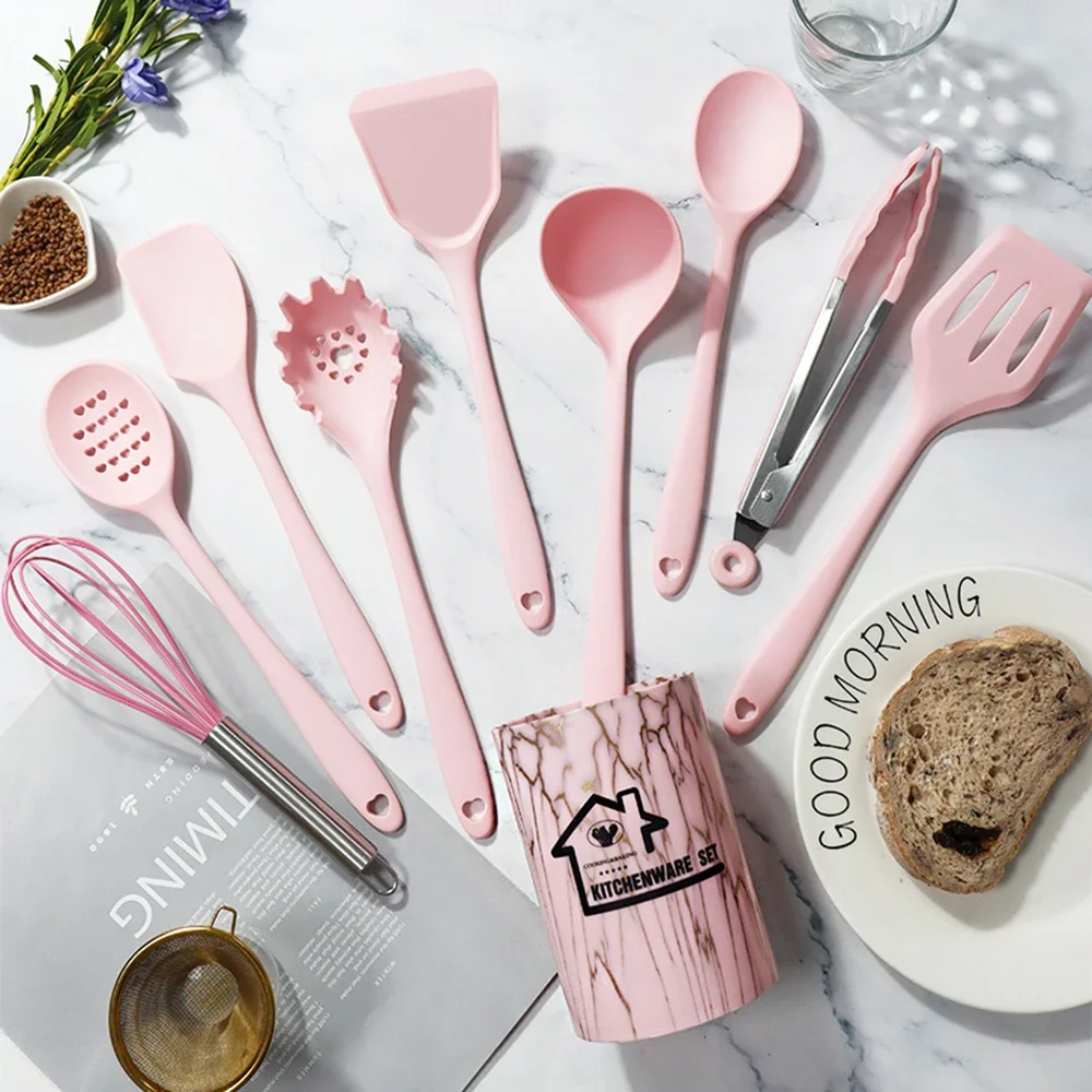 10Pcs Silicone Cooking Utensils Set Non-Stick Pan Baking Tools Pink Kitchenware Spatula Spoon Food Tongs Kitchen Kit with Box