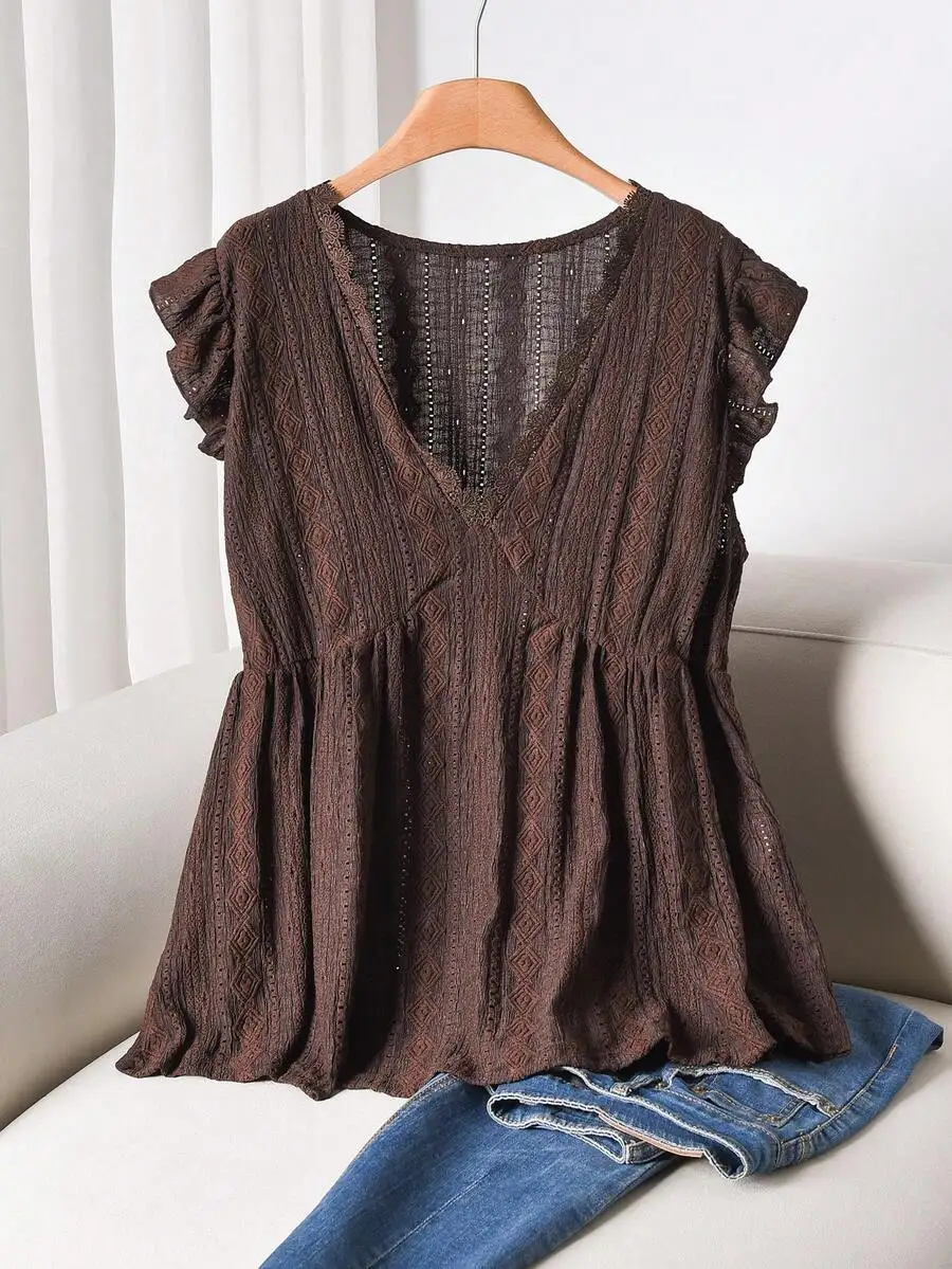 

Coffee Brown V-Neck Ruffle Sleeveless Top Women Casual Summer