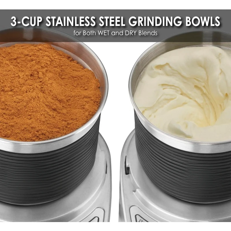 3 Cup Spice Grinder, 1 HP Motor, 20,000 RPM's, Pulse Actuation, Includes 2 stainless steel grinding-bowls-120V, 175W