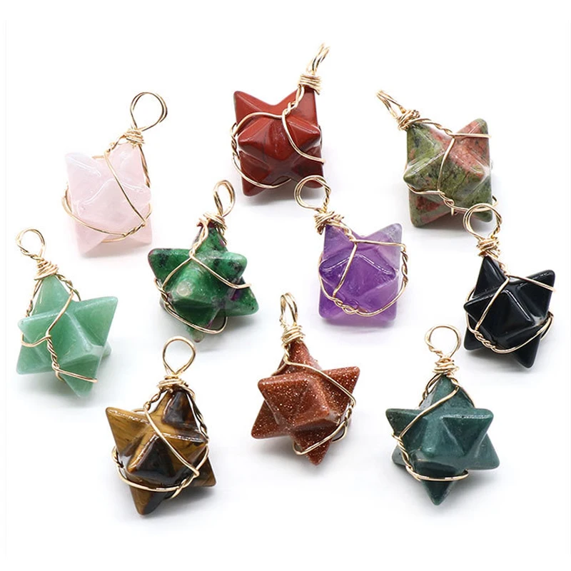 Merkaba Star Natural Crystal Stone Pendant Wire Wrap Charm Six Point Star Obsidian Rubies Zoisite Amethysts Pink Quartz Pendulum