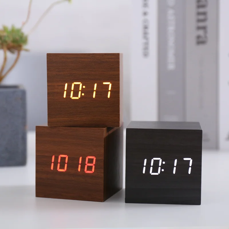 JINSUN Modern Wood Clock Led Display Digital Alarm Clock Single Face Bamboo Show Temp Time Sound Control