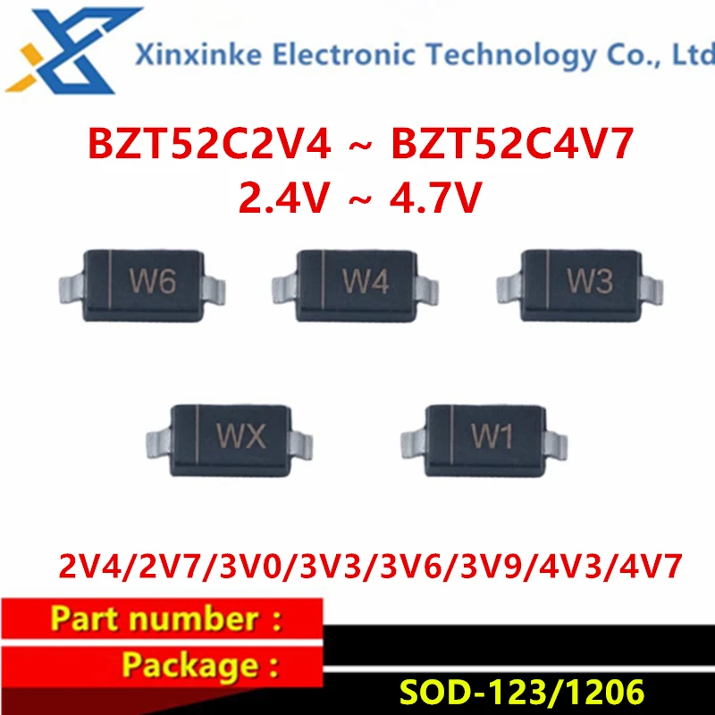 100PCS BZT52C2V4/2V7/3V0/3V3/3V6/3V9/4V3/4V7 SOD-123 Voltage Regulator Diode Zener Diode SMD 1206 Marking：WX W1 W2 W3 W4 W5 W6 W